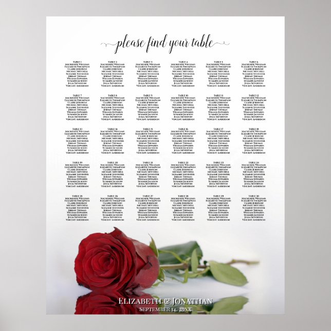 Poster Carte de siège Mariage de la table Red Rose 30 (Devant)