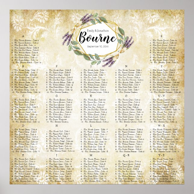Poster Carte de siège Mariage de lavande dorée et violett (Devant)