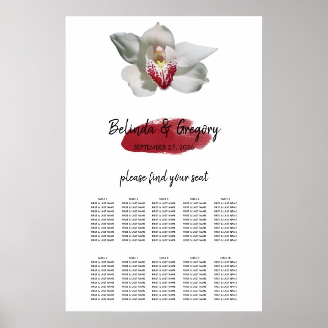 Poster Carte de siège Mariage de l'orchidée bordeaux blan (Devant)