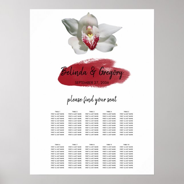 Poster Carte de siège Mariage de l'orchidée bordeaux blan (Devant)