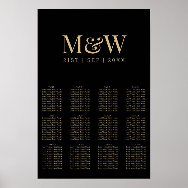 Poster Carte de siège Mariage de Monogramme d'or noir mod (Devant)