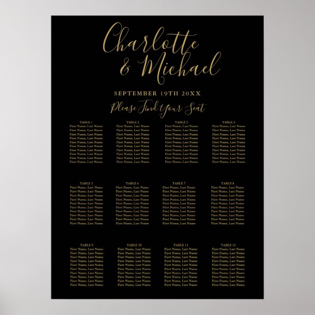 Poster Carte de siège Mariage de signature noir et or (Devant)
