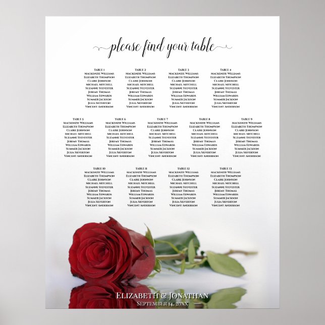 Poster Carte de siège Mariage de table 13 Reflet rouge Ro (Devant)