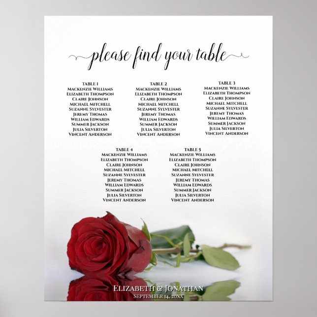 Poster Carte de siège Mariage de table 5 Rose rouge (Devant)