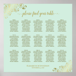 Poster Carte de siège Mariage de table Mint Green & Gold 
