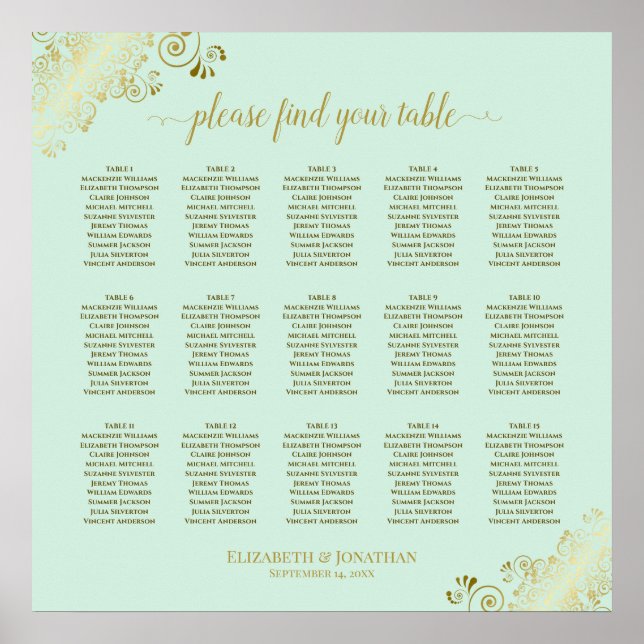 Poster Carte de siège Mariage de table Mint Green & Gold  (Devant)