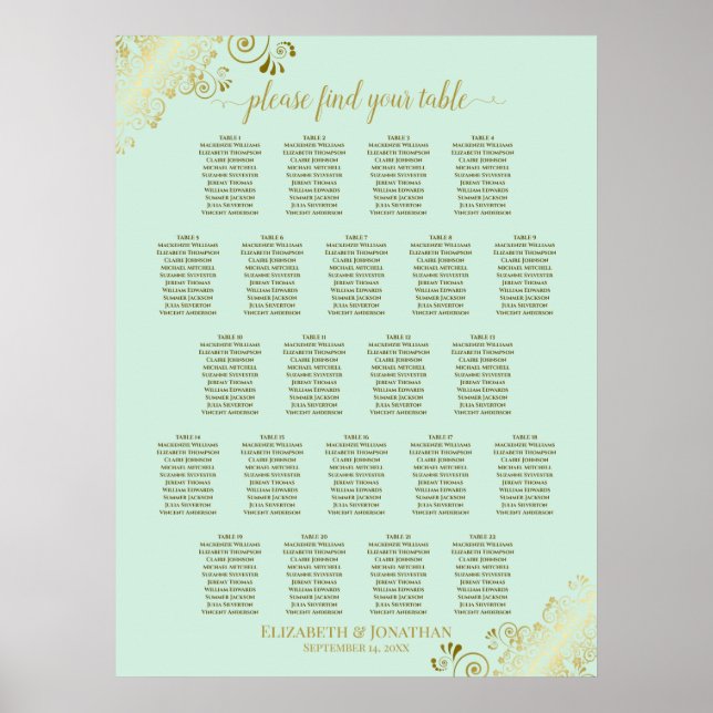 Poster Carte de siège Mariage de table Mint Green & Gold  (Devant)