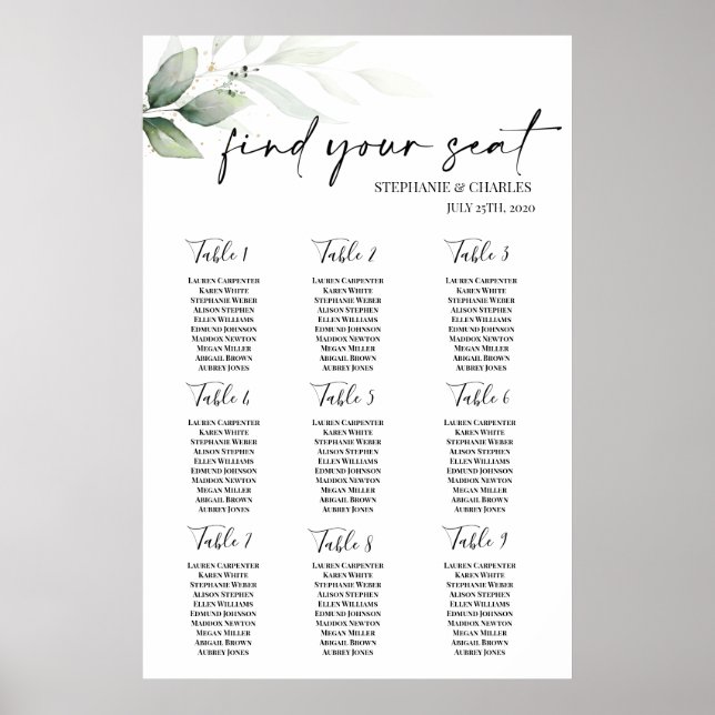 Poster Carte de siège Mariage de verdure simple (Devant)