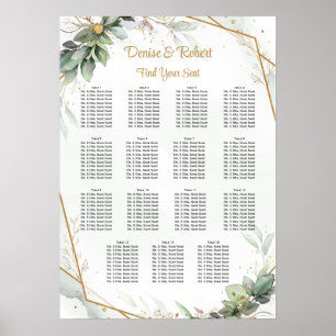 Poster Carte de siège Mariage d'or Feuille Eucalyptus
