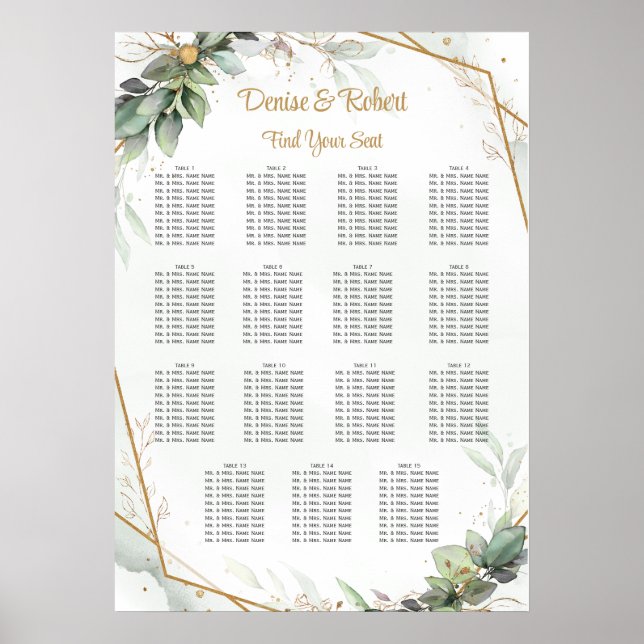 Poster Carte de siège Mariage d'or Feuille Eucalyptus (Devant)
