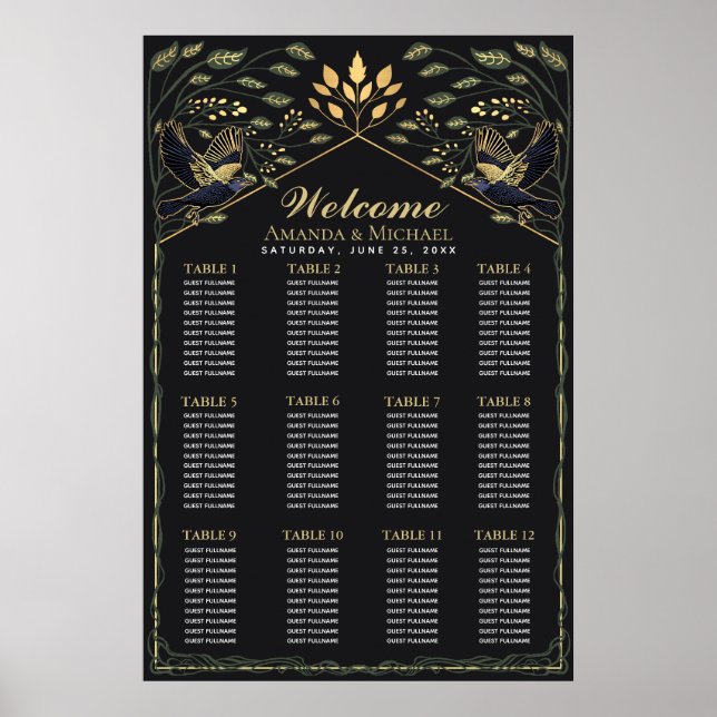 Poster Carte de siège Mariage du Corbeau gothique enchant (Devant)