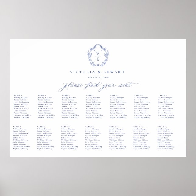 Poster Carte de siège Mariage du monogramme de crête bleu (Devant)