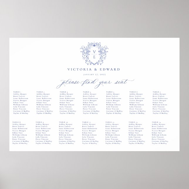 Poster Carte de siège Mariage du monogramme de crête bleu (Devant)