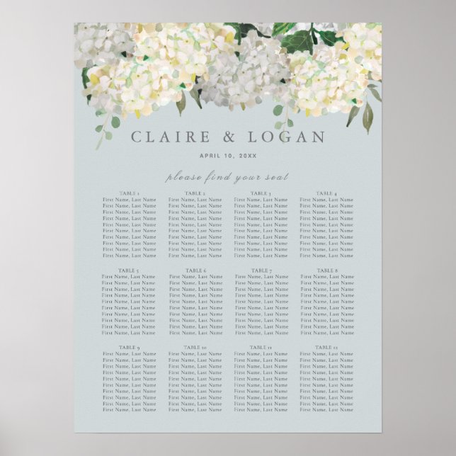 Poster Carte de siège Mariage Dusty Blue Hydrangea (Devant)
