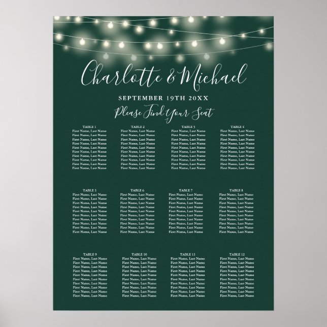 Poster Carte de siège Mariage Emerald Green String Lights (Devant)