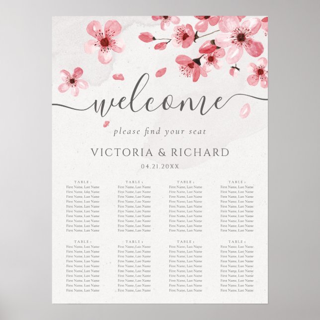 Poster Carte de siège Mariage en fleurs de cerisier d'aqu (Devant)