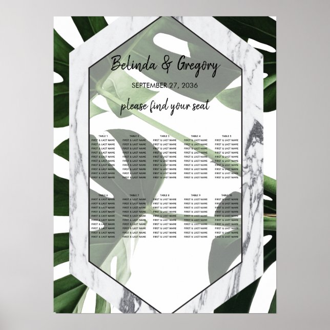 Poster Carte de siège Mariage en marbre de Monstera Tropi (Devant)