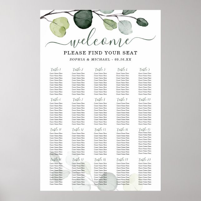 Poster Carte de siège Mariage Eucalyptus (Devant)