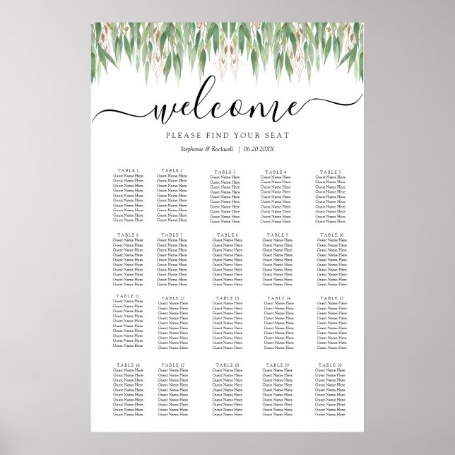 Poster Carte de siège Mariage Eucalyptus (Devant)