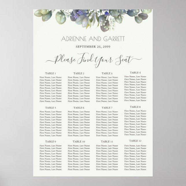 Poster Carte de siège Mariage Eucalyptus (Devant)
