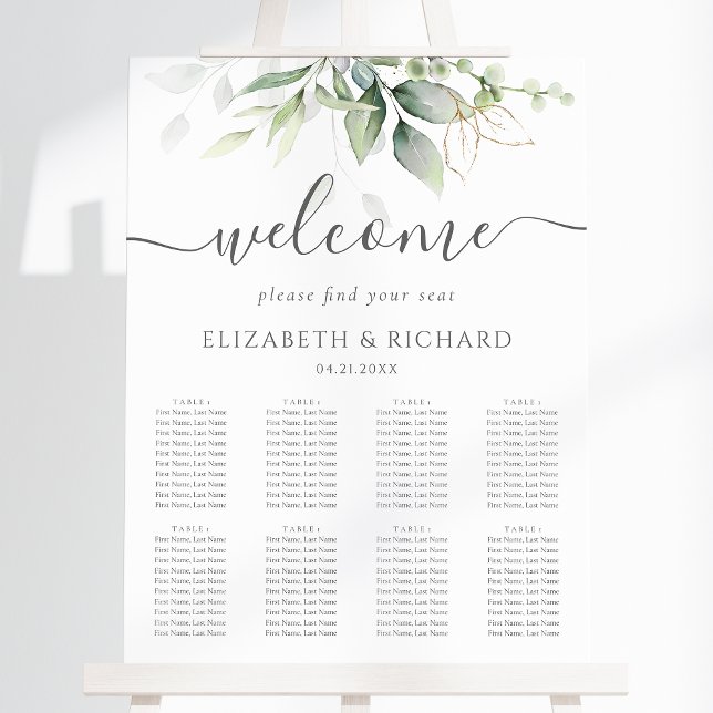 Poster Carte de siège Mariage Eucalyptus (This seating chart features a lovely eucalyptus design. Perfect for your green wedding theme.)