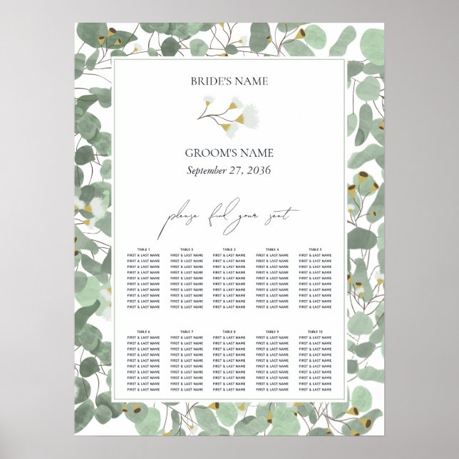 Poster Carte de siège Mariage Eucalyptus aquarelle (Devant)