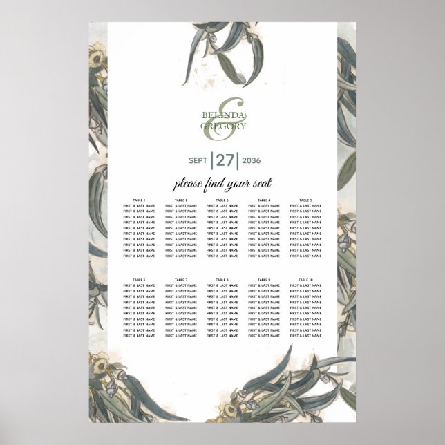 Poster Carte de siège Mariage Eucalyptus aquarelle (Devant)