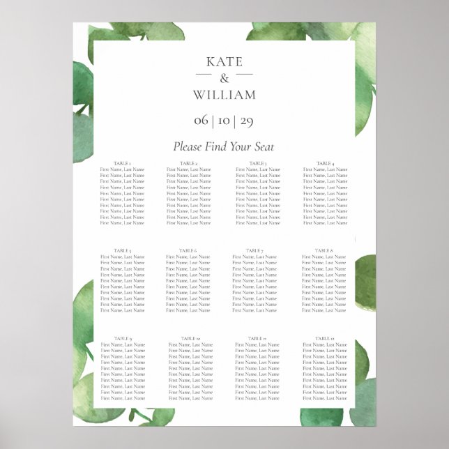 Poster Carte de siège Mariage Eucalyptus Boho (Devant)