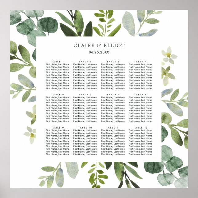Poster Carte de siège Mariage Eucalyptus Green Foliage (Devant)