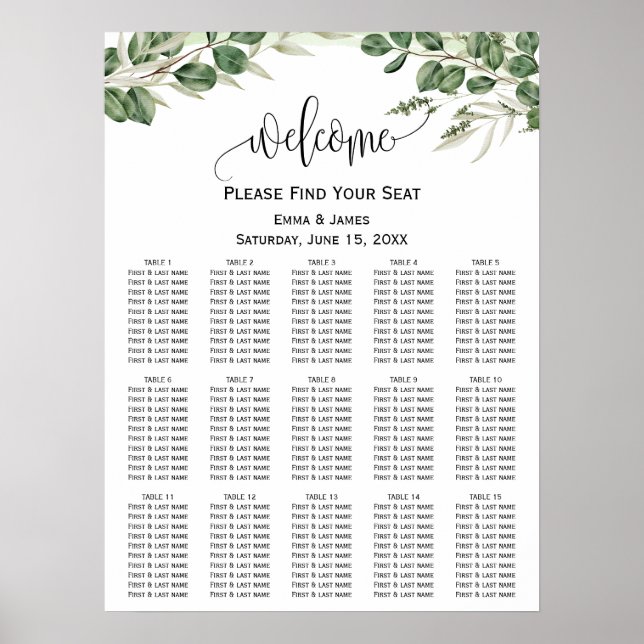 Poster Carte de siège Mariage Eucalyptus vert (Devant)