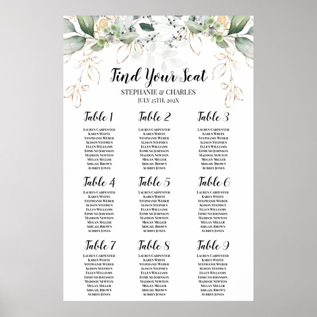 Poster Carte de siège Mariage Eucalyptus vert (Devant)