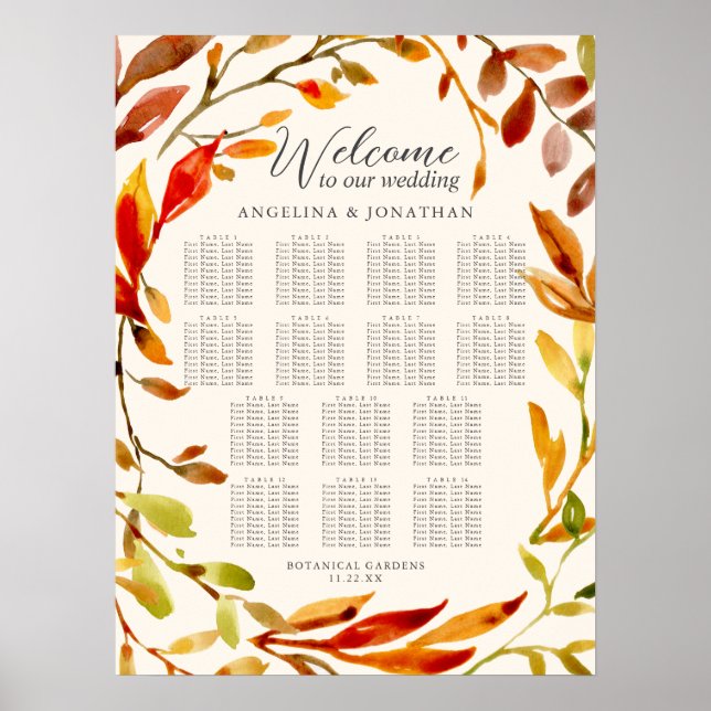 Poster Carte de siège Mariage Feuille d'aquarelle d'autom (Devant)