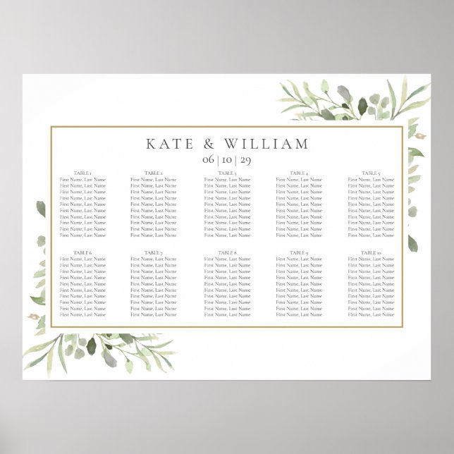 Poster Carte de siège Mariage Feuille  vert (Devant)