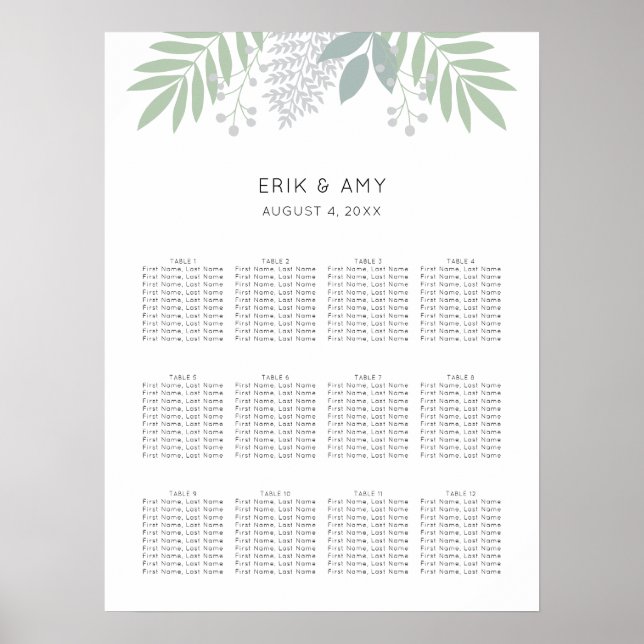 Poster Carte de siège Mariage Feuille vert (Devant)