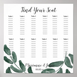 Poster Carte de siège Mariage Feuille Watercolor Greenery