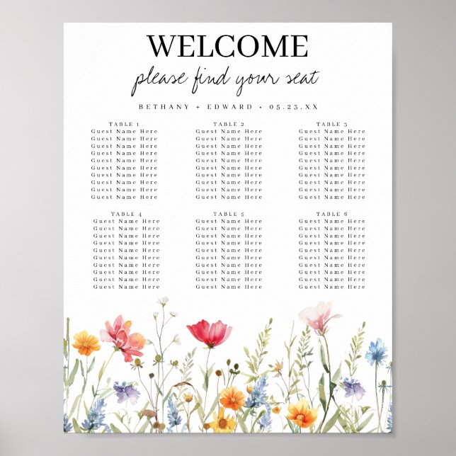 Poster Carte de siège Mariage Fleur sauvage aquarelle (Devant)