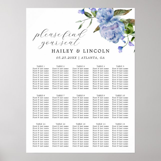 Poster Carte de siège Mariage Floral Bleu (Devant)