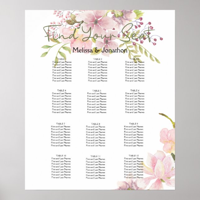 Poster Carte de siège Mariage floral rose Magnolia (Devant)