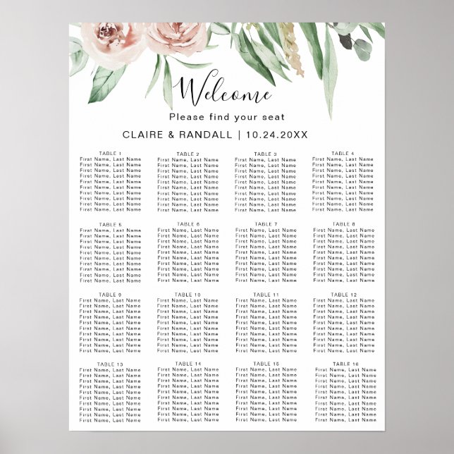 Poster Carte de siège Mariage floral rose vert (Devant)