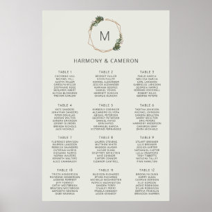 Poster Carte de siège Mariage géométrique Gold Greenery