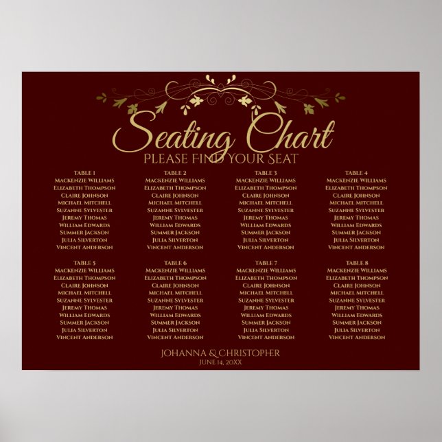 Poster Carte de siège Mariage Gold & Auburn Brown 8 table (Devant)
