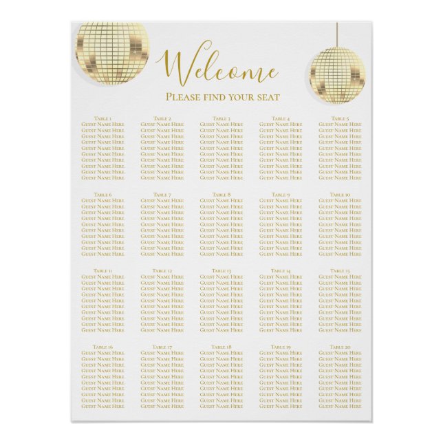 Poster Carte de siège Mariage Gold Disco Ball (Devant)