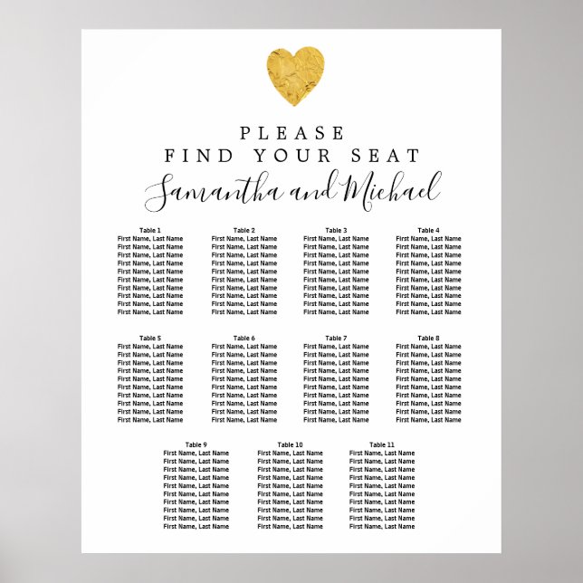 Poster Carte de siège Mariage Gold Foil Heart 11 tables (Devant)