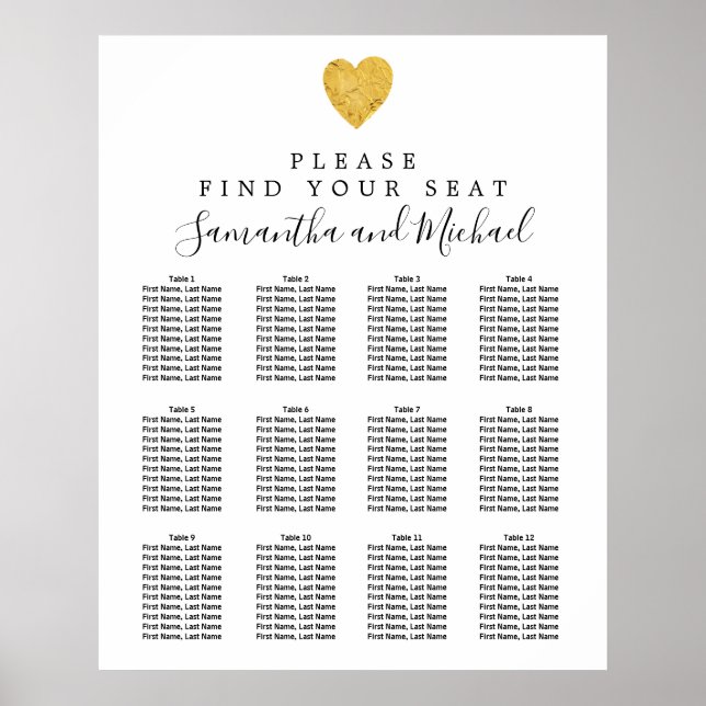 Poster Carte de siège Mariage Gold Foil Heart 12 tables (Devant)