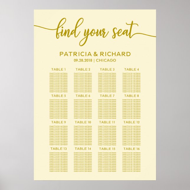 Poster Carte de siège mariage Gold Ivory Calligraphie (Devant)