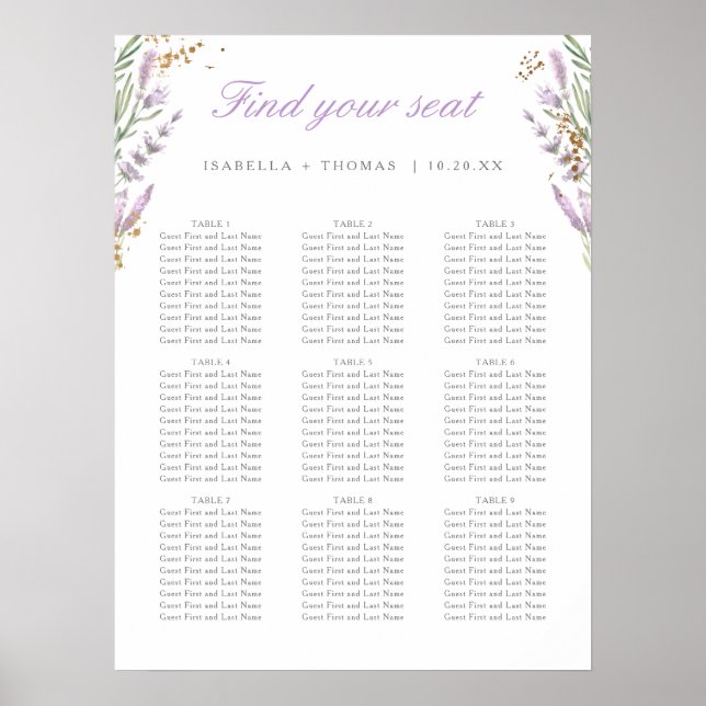 Poster Carte de siège Mariage Gold & Watercolor Lavender (Devant)