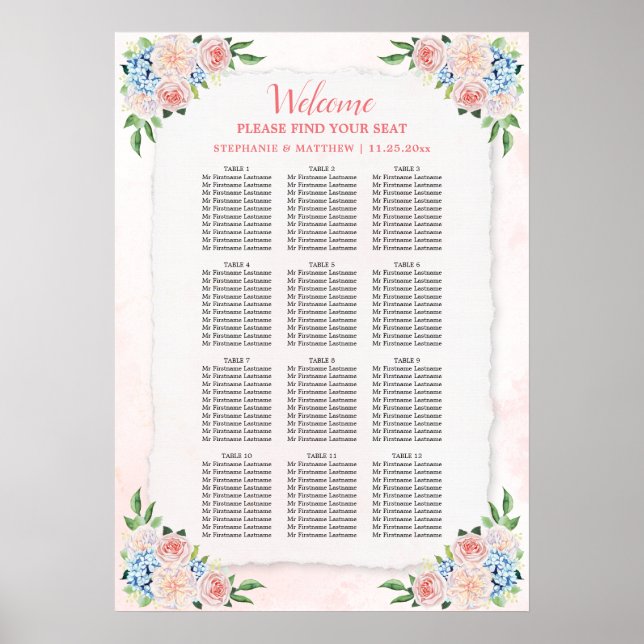 Poster Carte de siège mariage Hydrangea rose Floral (Devant)