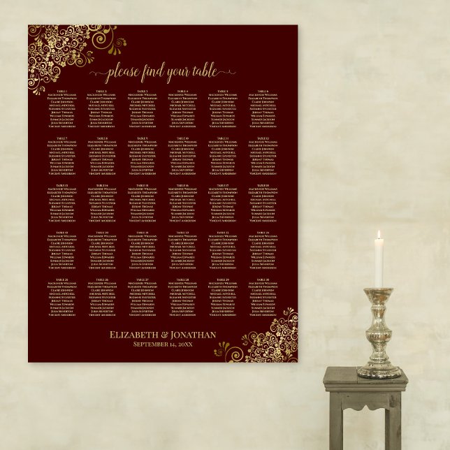 Poster Carte de siège Mariage Lacy Gold 30 Table Auburn (In Situ on Wall)