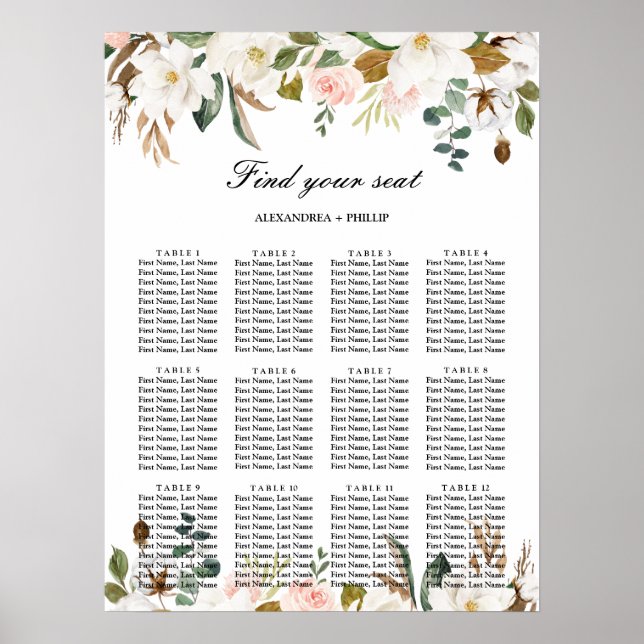 Poster Carte de siège Mariage Magnolia aquarelle (Devant)