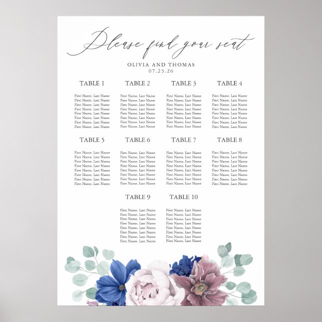 Poster Carte de siège Mariage Mauve and Navy Blue Flowers (Devant)